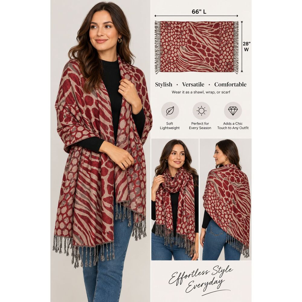 2 Chic Women's Animal Print Wrap Shawl Scarf Red Taupe Fringe 28"W x 66"L #20